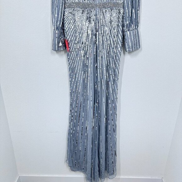 Mac Duggal Silver Sequin Long Sleeve V Neck Elegant Evening Gown Black Tie‎ 10 - Picture 3 of 14